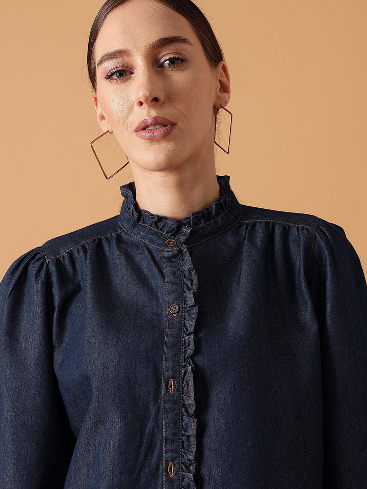 STREET 9 Comfort Band Collar Puff Sleeve Denim Casual Shirt