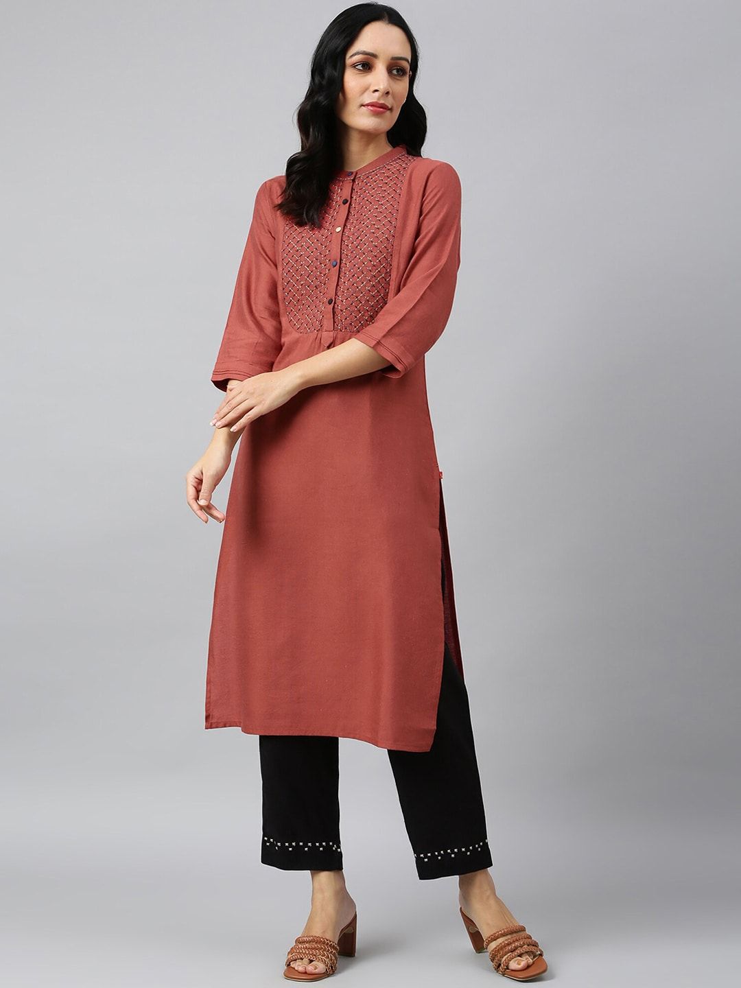 W Women Red Yoke Design Kurta