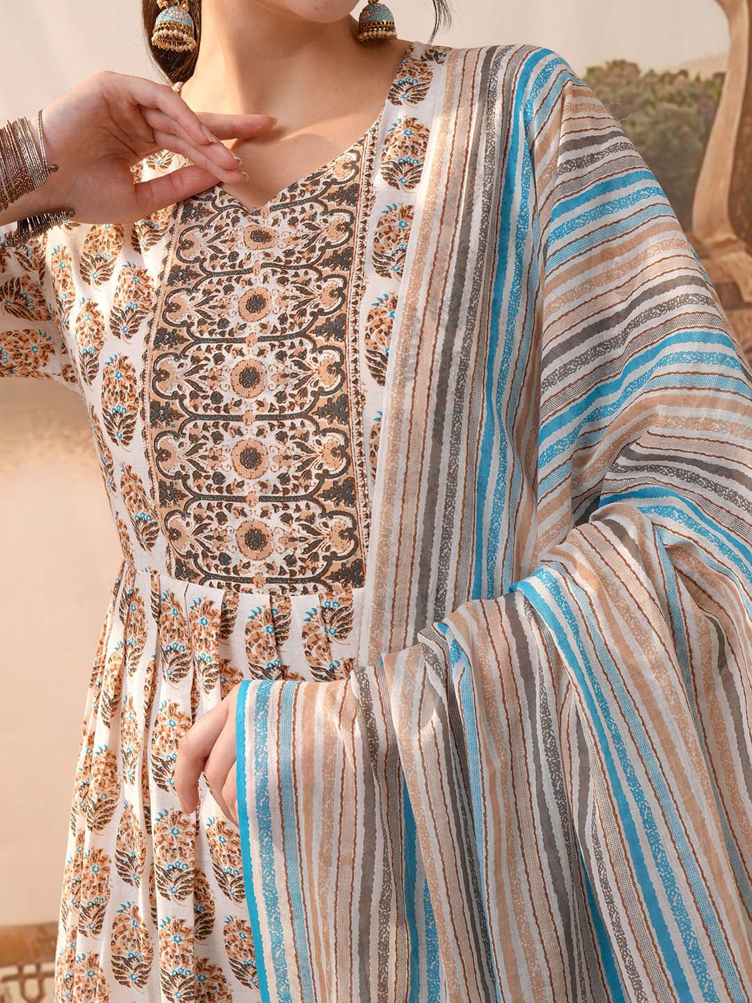 Vishudh Brown Ethnic Motifs Printed Pure Cotton Anarkali Kurta With Trousers & Dupatta