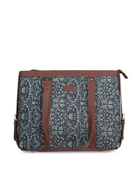 ZOUK Navy Blue & Beige Floral Print Leather Handcrafted 16 Inch Sustainable Laptop Bag