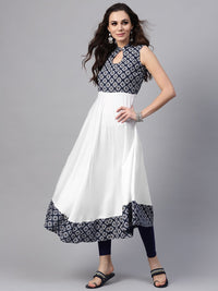 SOJANYA Wanita Navy Blue & White Yoke Design Anarkali Kurta