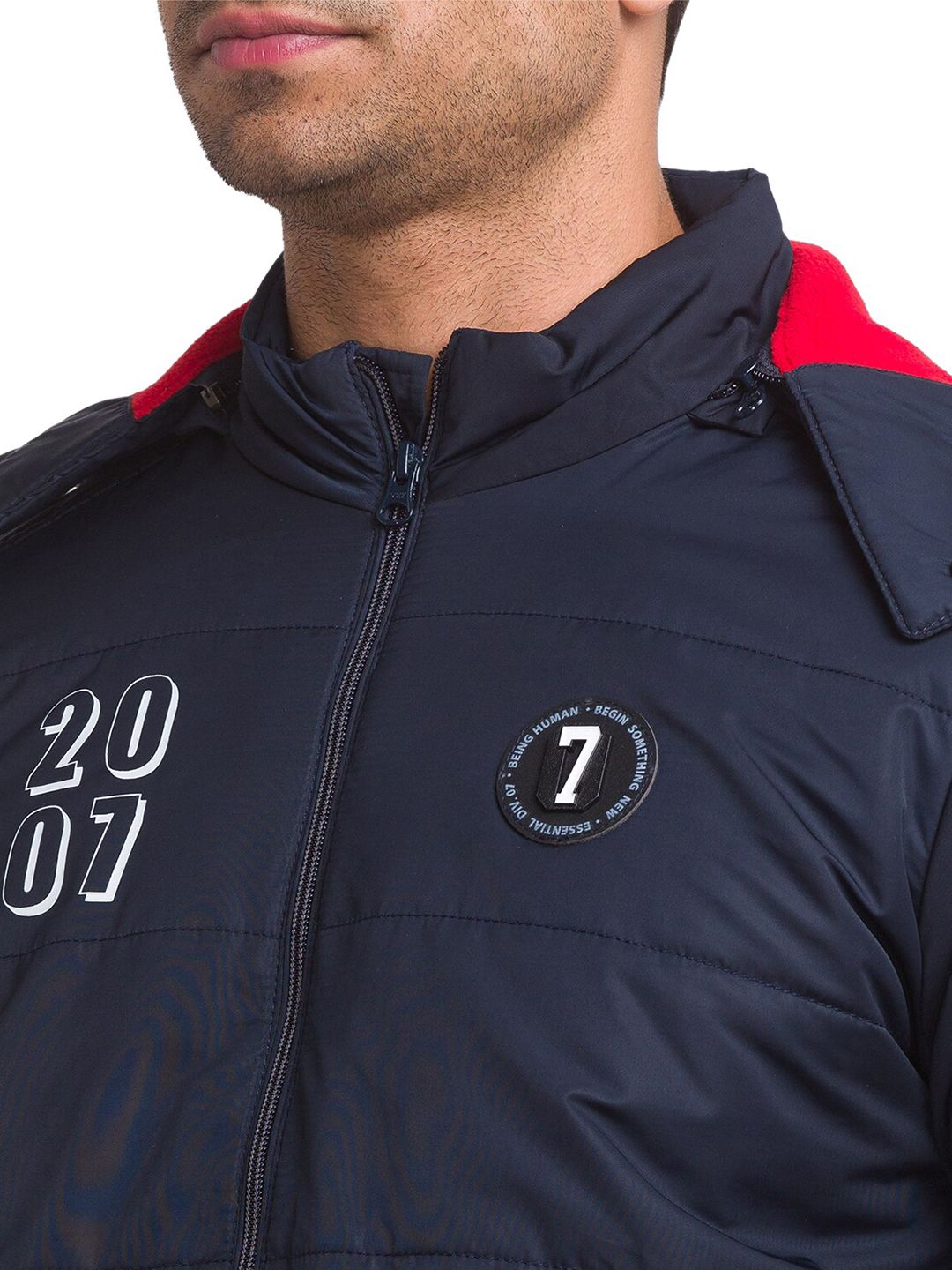 Being Human Men Navy Blue Sporty Jacket with Patchwork