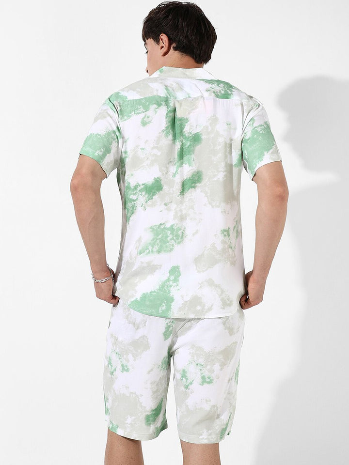 Campus Sutra Men Green & White Tie & Dye Shirt Collar Co-Ord