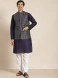 SOJANYA Lelaki Navy Blue Ethnic Chikankari Pure Cotton Kurta with Churidar & Nehru Jacket