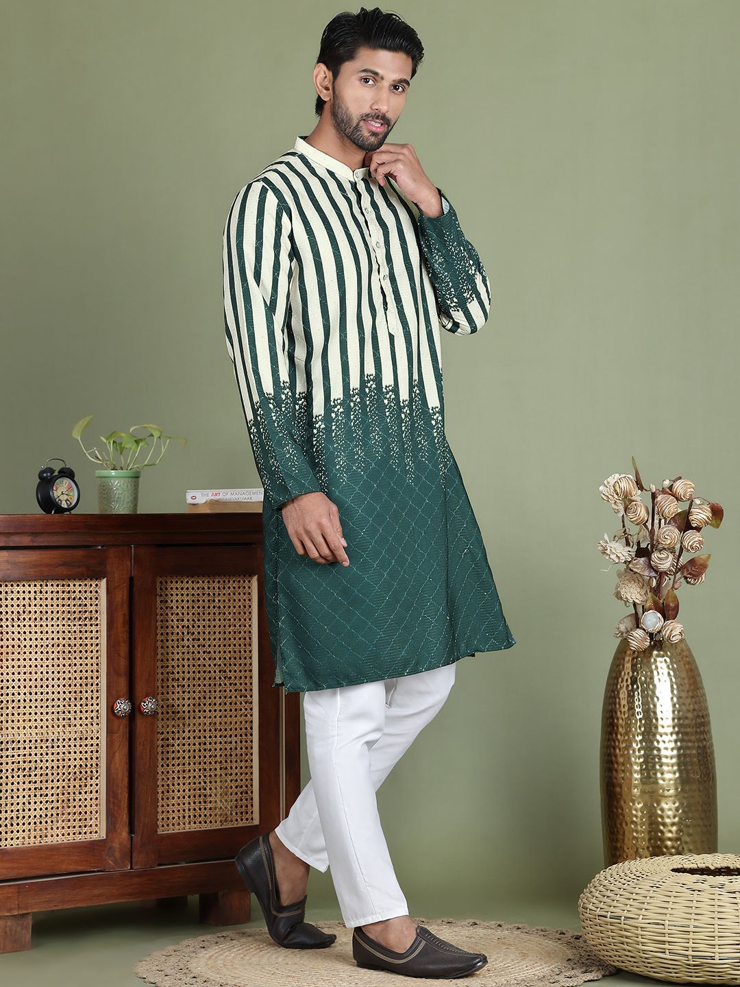 Jompers Striped Printed Band Collar Straight Kurta With Trouser