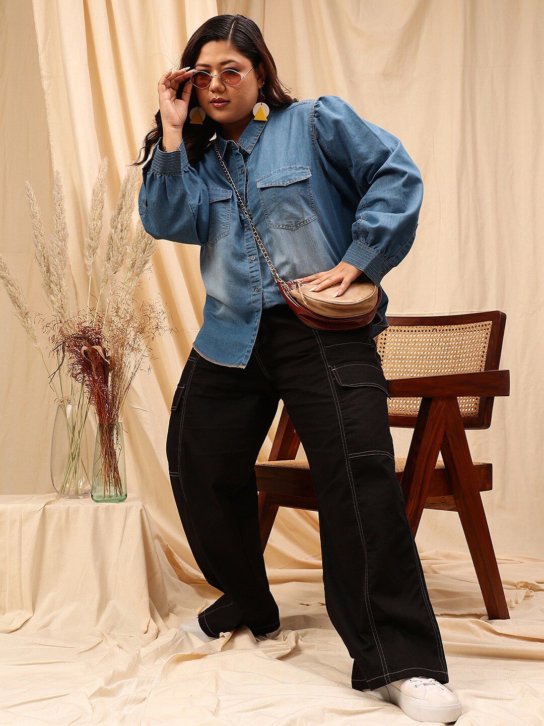 CURVY STREET Plus Size Cotton Comfort Opaque Denim Shirt