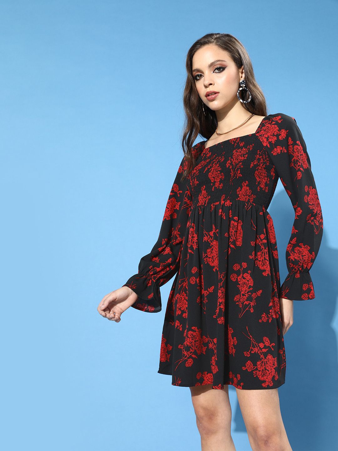 Berrylush Black & Red Floral Crepe A-Line Midi Dress