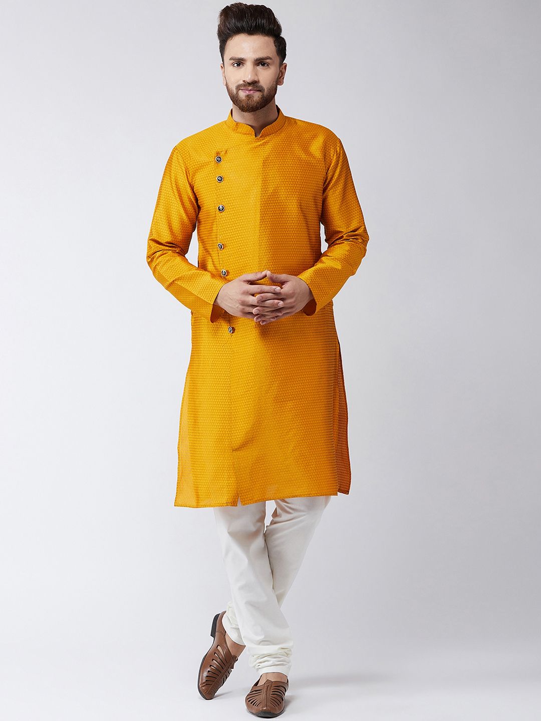 SOJANYA Lelaki Mustard Tenun Kuning Design Kurta Lurus
