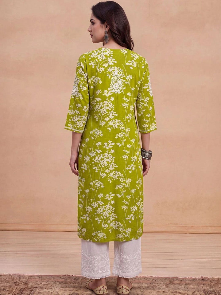 House of Chikankari Women Green Mulmul Chikankari Embroidered Republic Day Republic Day Kurta