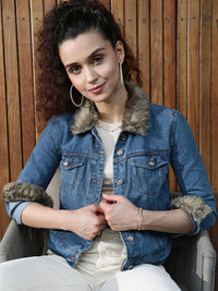 STREET 9 Women Blue Brown Cotton Denim Jacket