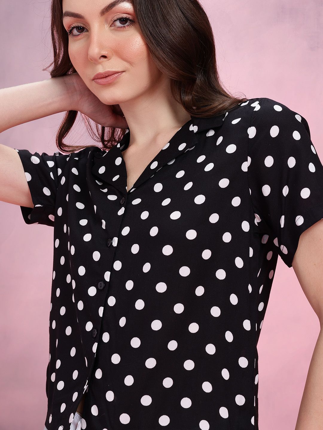 DressBerry Polka Dots Print Cuban Collar Opaque Casual Shirt