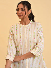 W White Floral Print Roll-Up Sleeves Cotton Top
