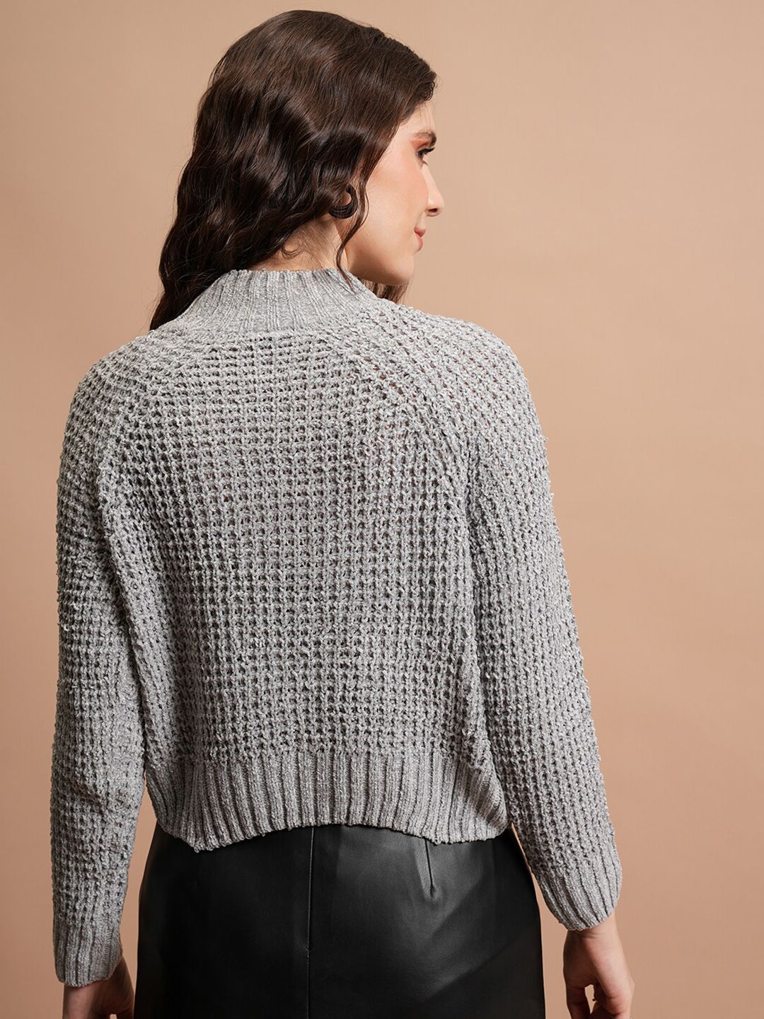 Tokyo Talkies Grey Self Design Turtle Neck Acrylic Pullover