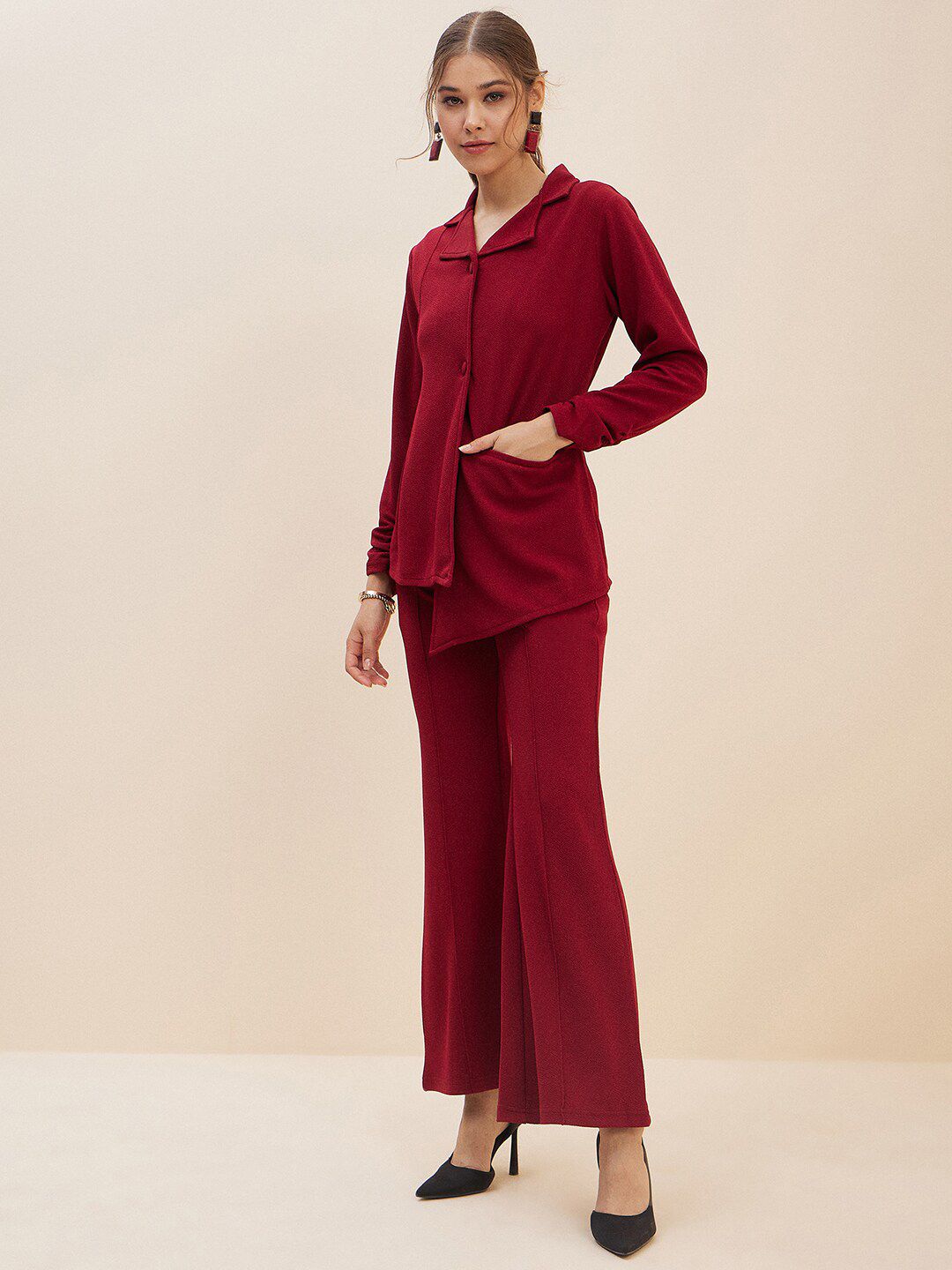 Antheaa Red Lapel-Collar Shirt & Flared Trousers
