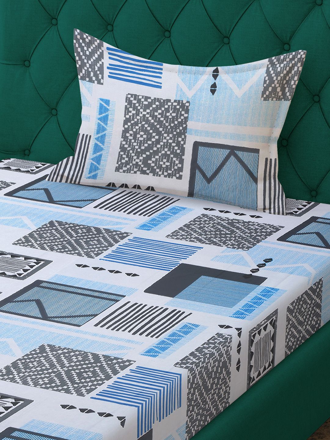 KLOTTHE Grey & Blue Printed Pure Cotton Fitted 400 TC Single Bedsheet With Pillow Cover