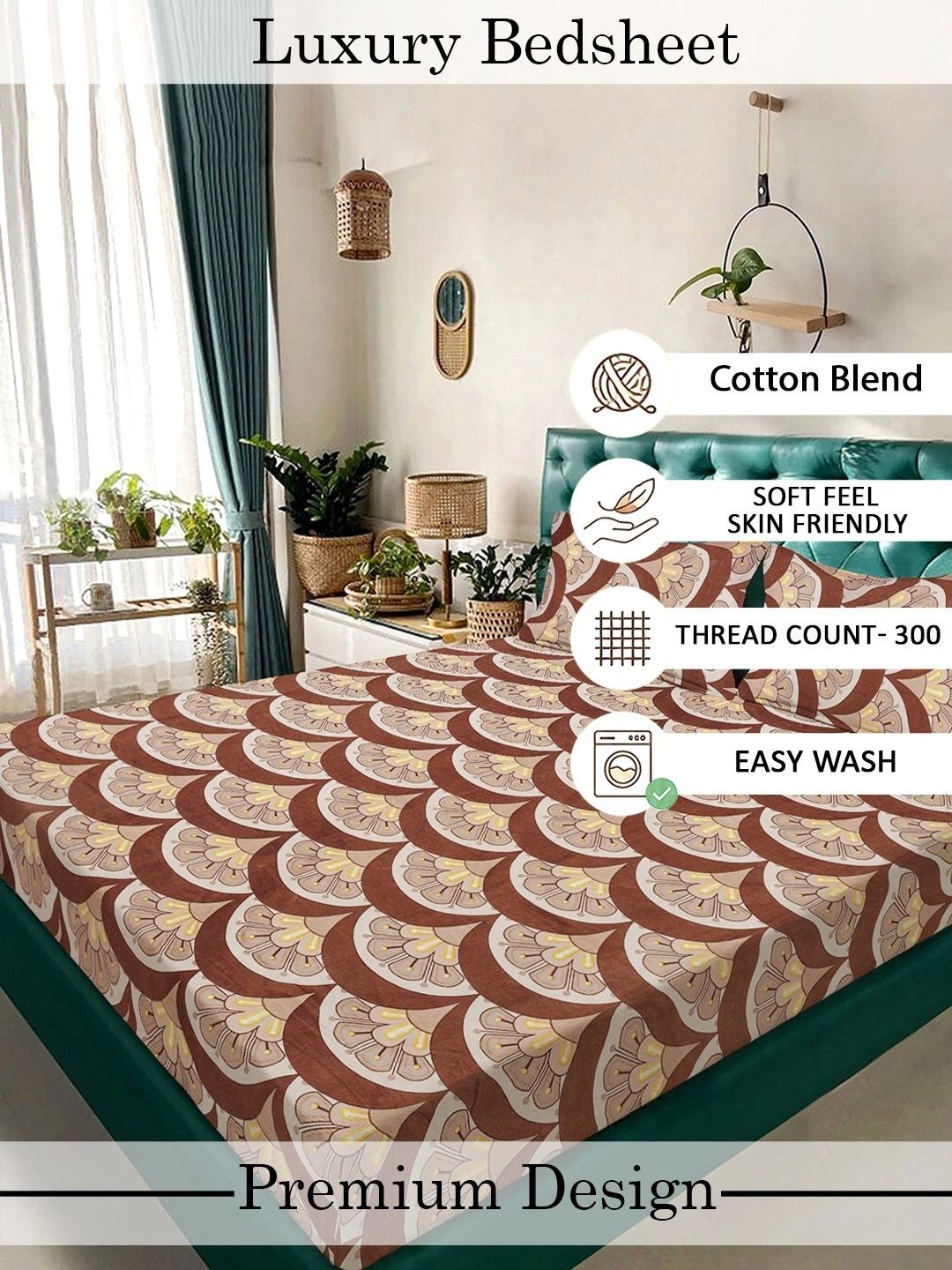 Moda Rapido X KLOTTHE Bunga Coklat & Berwarna Krim Cadar King 300 TC dengan 2 Sarung Bantal
