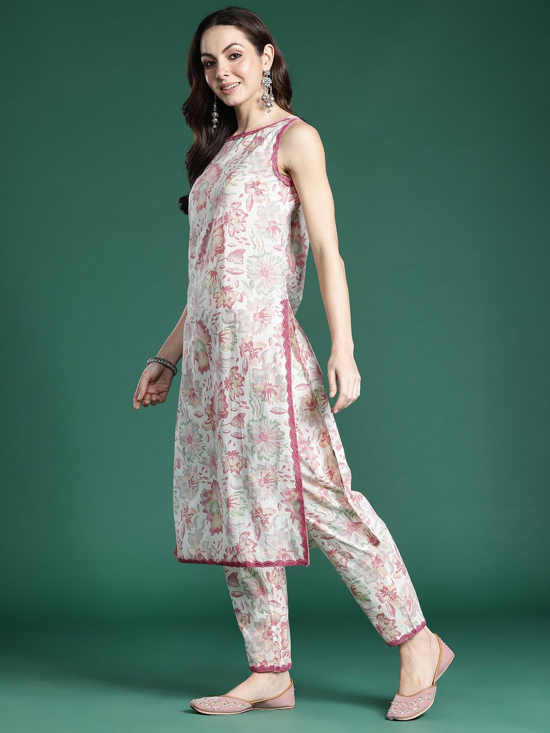 Indo Era Floral Printed Pure Cotton Kurta with Trousers