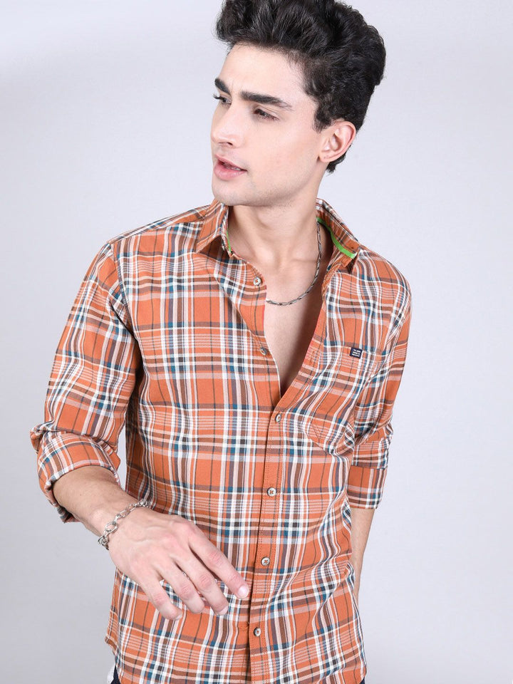 The Indian Garage Co Men Orange & Teal Blue Slim Fit Checked Casual Shirt