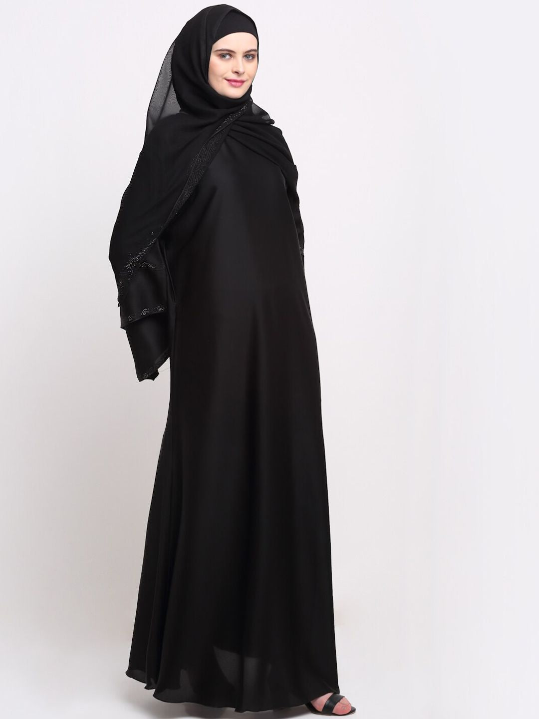 KLOTTHE Women Black & Silver-Coloured Embellished Burqas With Scarf