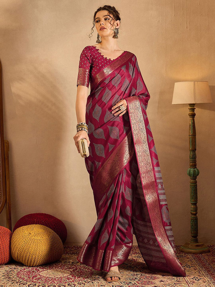Saree mall Ethnic Motifs Printed  Zari Bagru Sarees