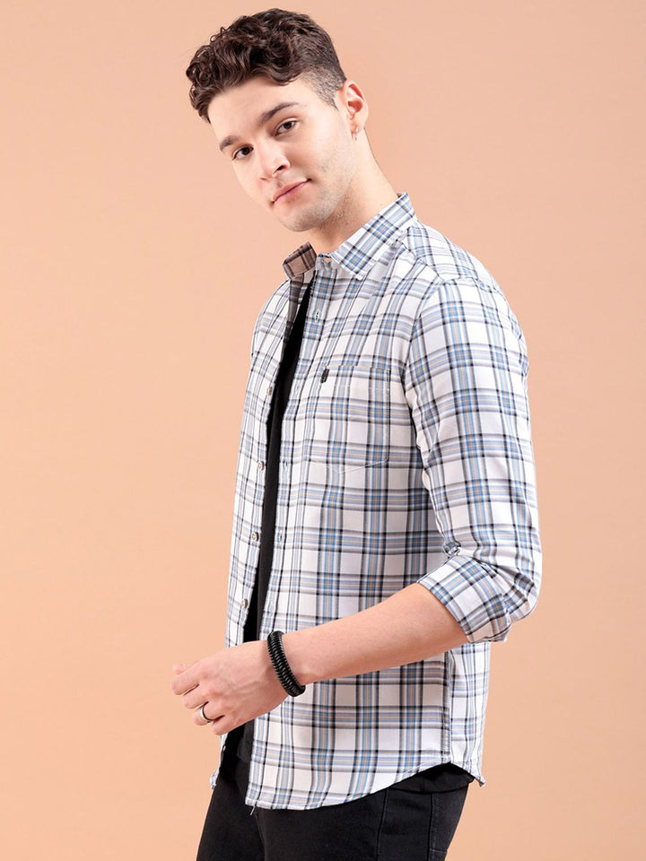 The Indian Garage Co Men White & Blue Gingham Checked Pure Cotton Casual Shirt