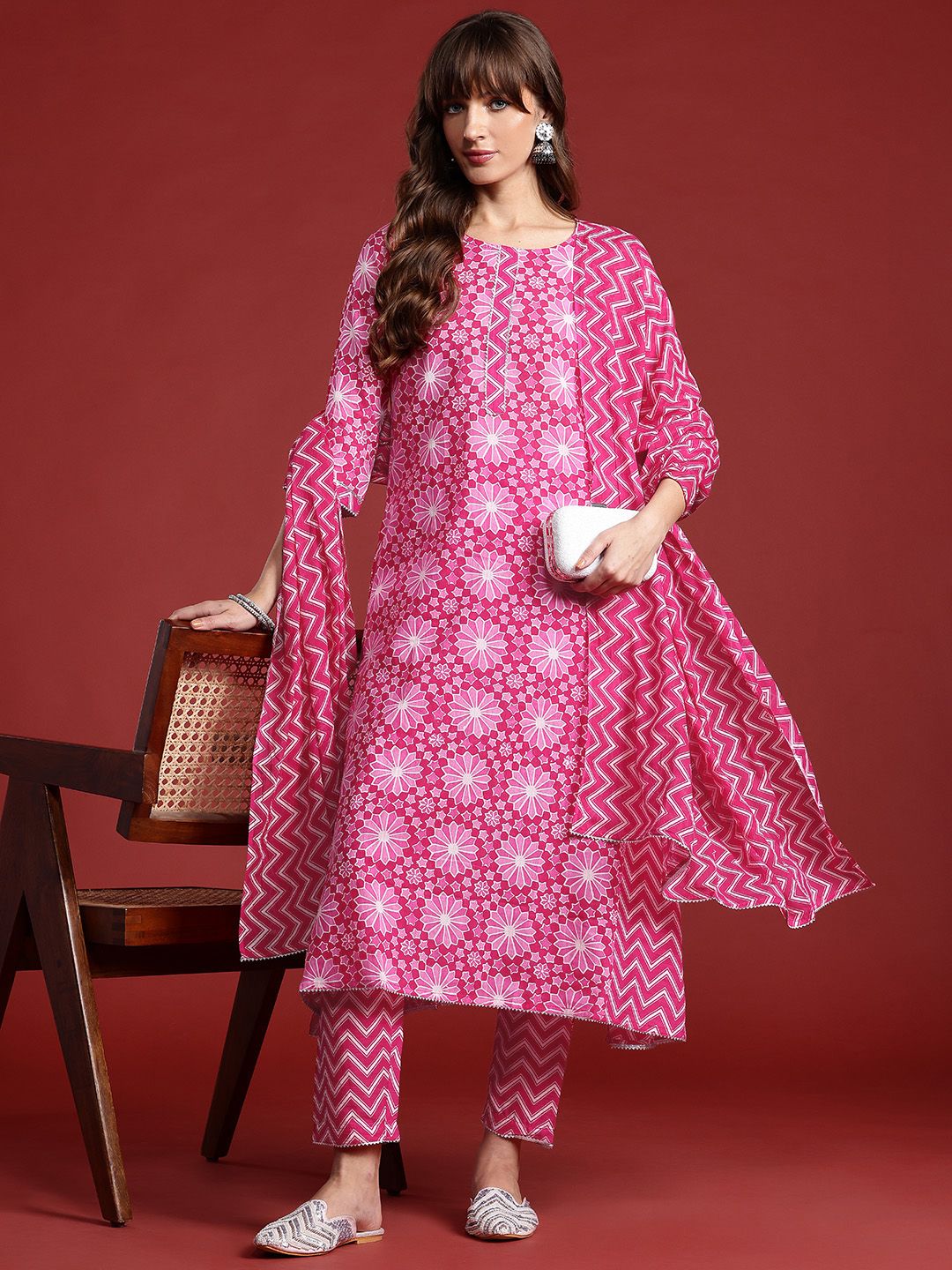 Anouk Ethnic Print Panelled Gotta Patti Detail Pure Cotton Kurta with Trousers & Dupatta