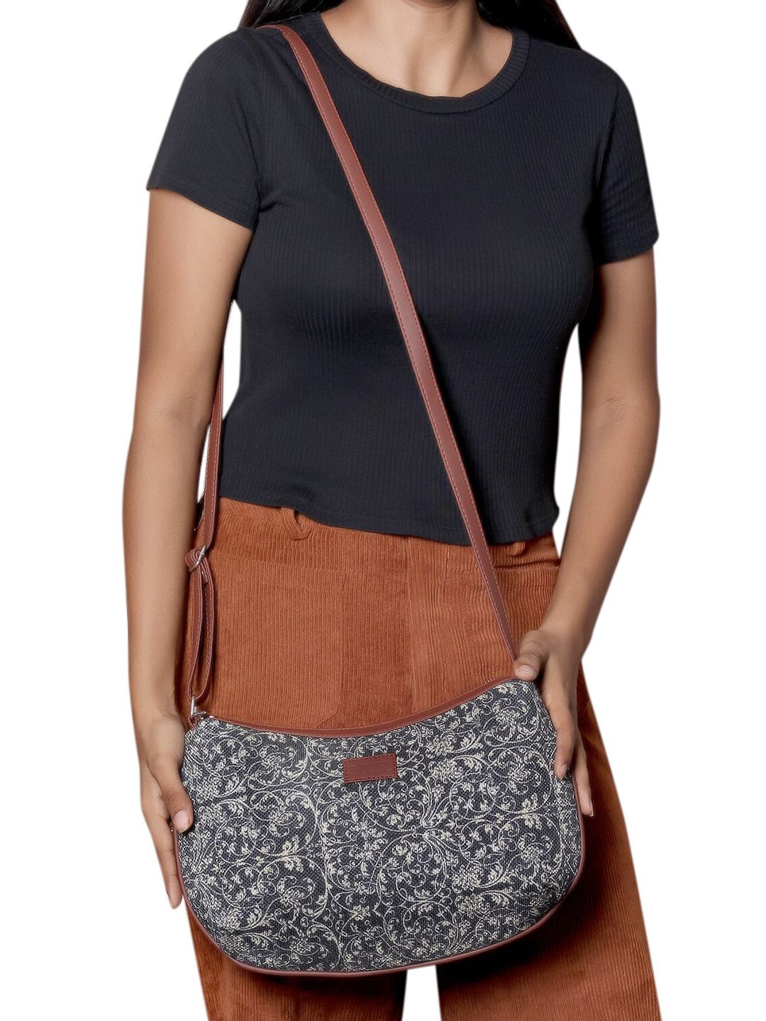 ZOUK Navy Blue & Beige Floral Printed Sling Bag