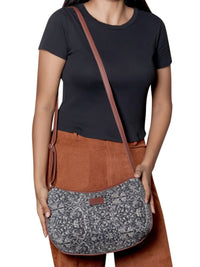 ZOUK Navy Blue & Beige Floral Printed Sling Bag