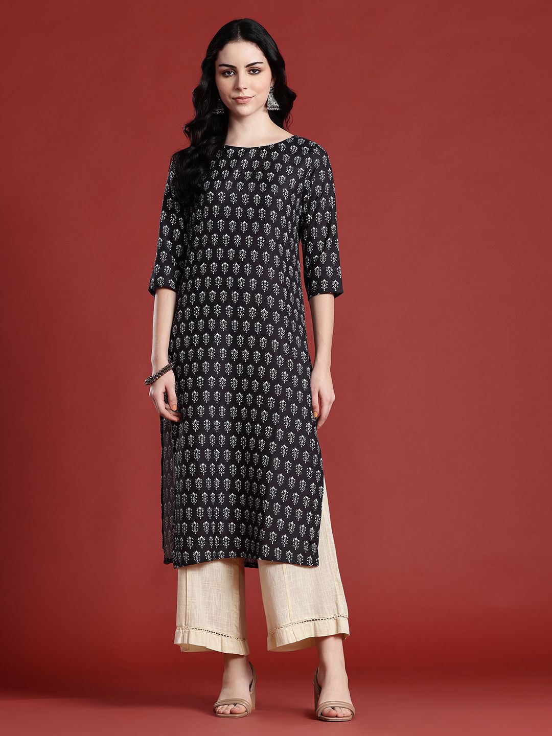 Anouk Ethnic Motifs Printed Boat Neck Straight Kurta