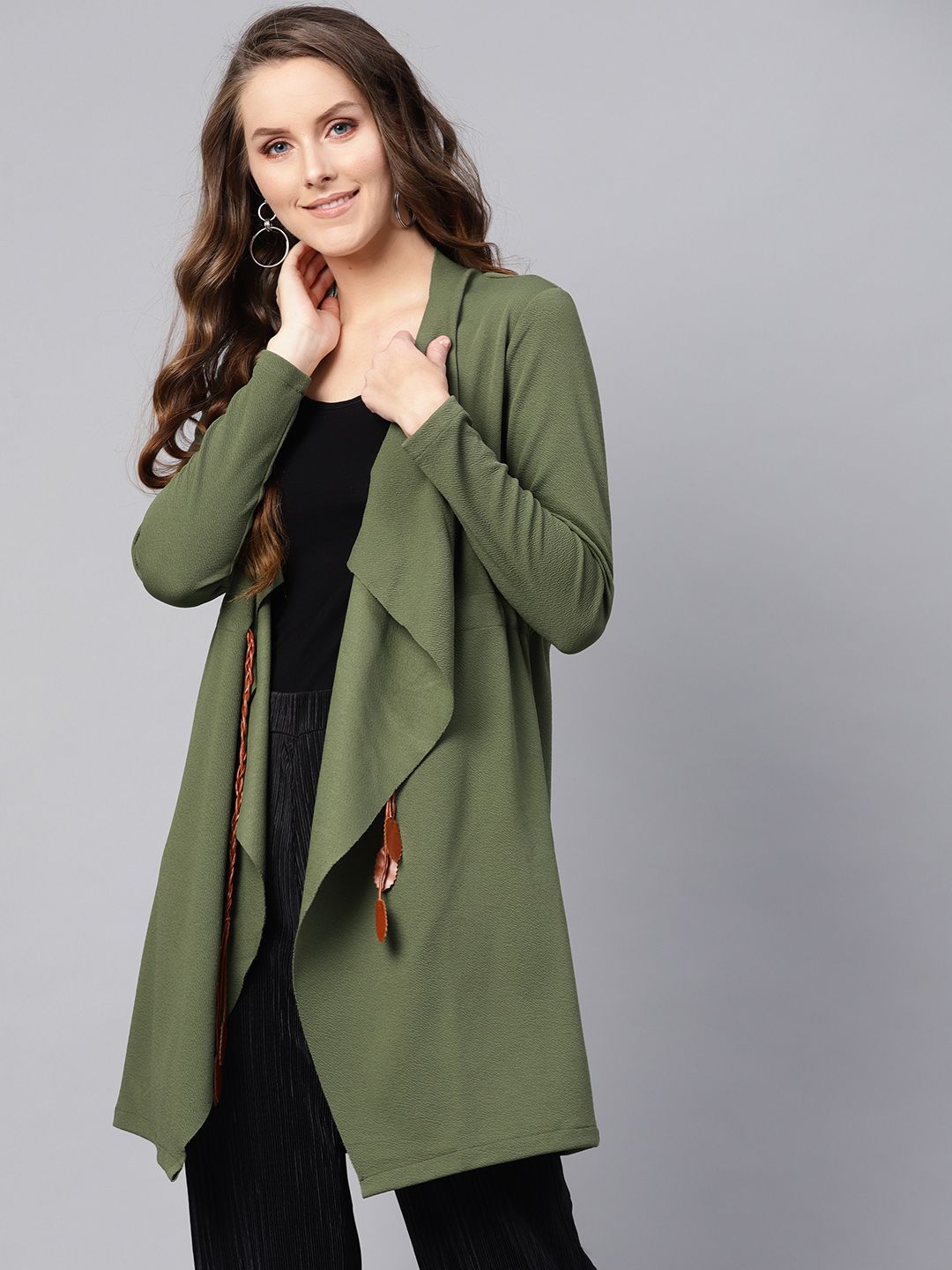 SASSAFRAS Women Olive Green Solid Longline Waterfall Shrug with Tie-Up