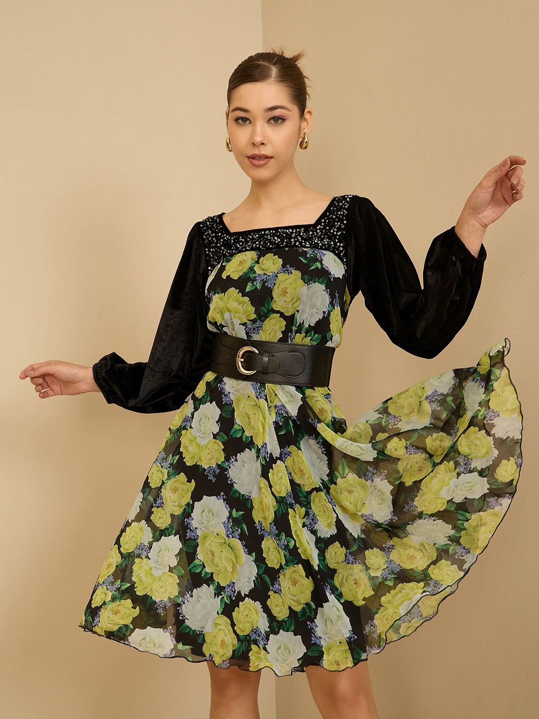 Antheaa Women Floral Printed Embellished Fit & Flare Dress