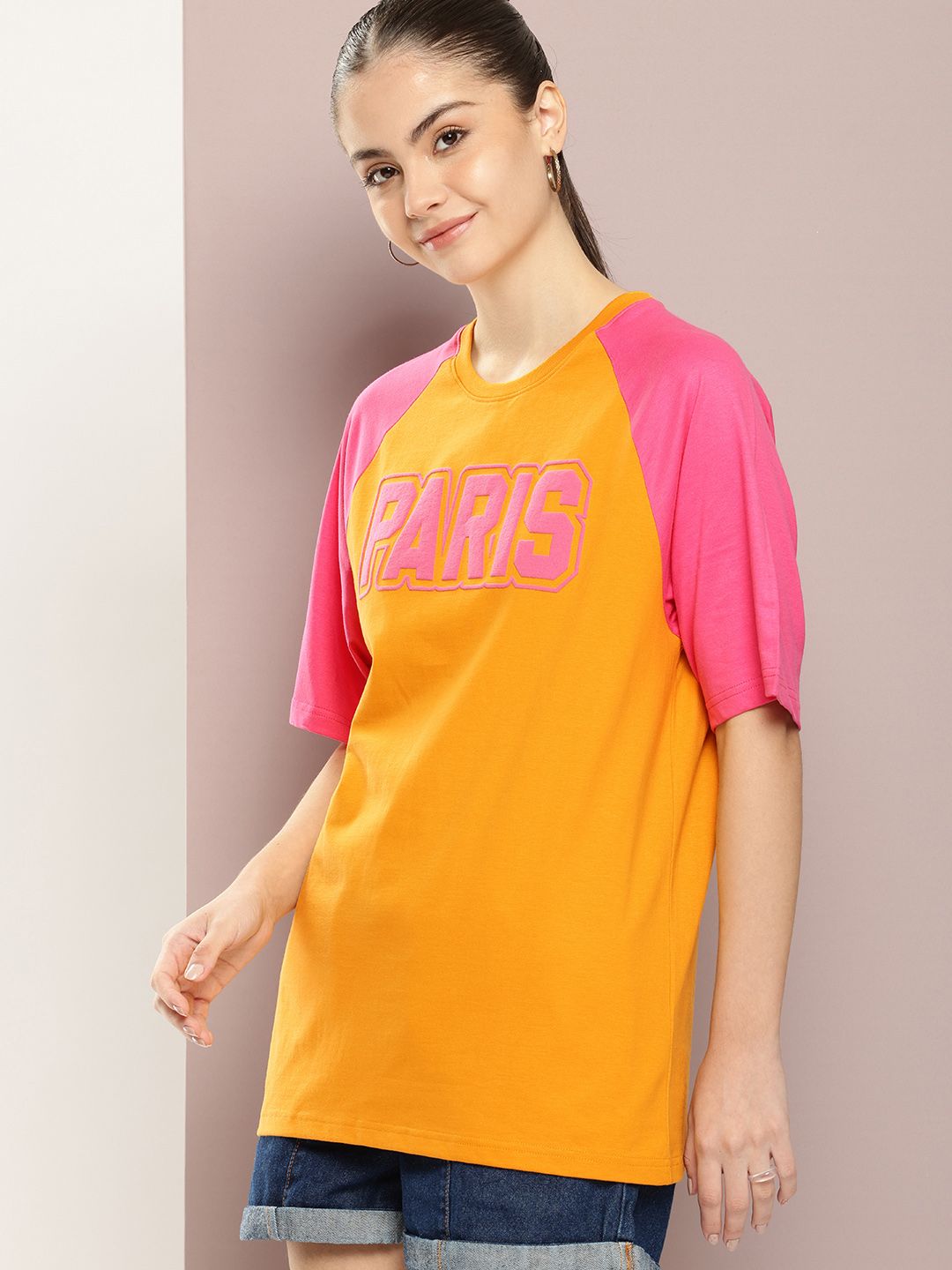 DILLINGER Women Varsity Printed Embossed Oversized T-shirt