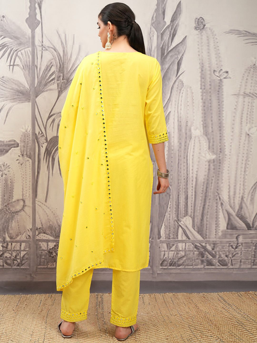 Vishudh Yellow Round Neck Ethnic Motifs Embroidered Pure Cotton Straight Kurta Set