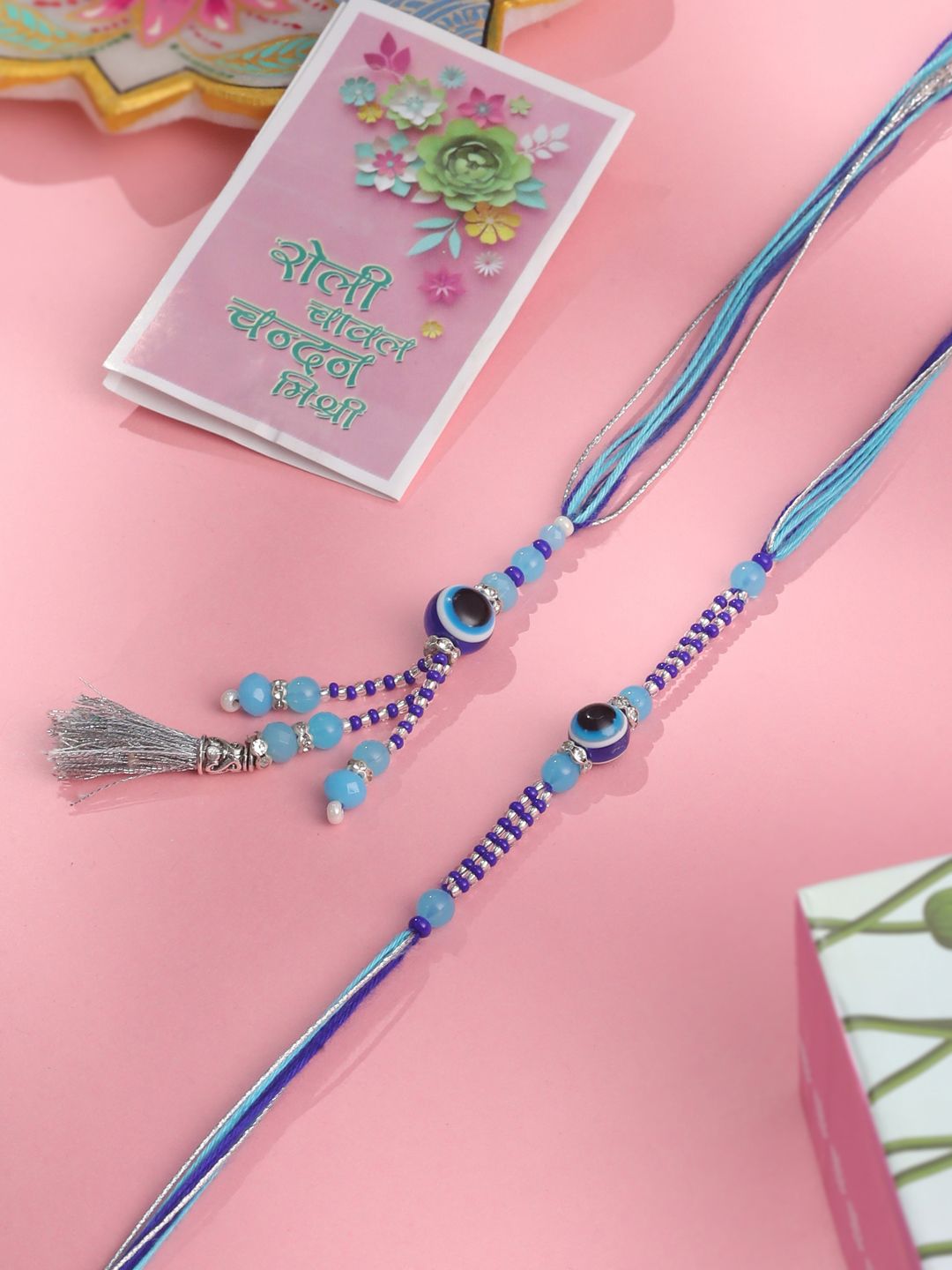 NVR Set of 2 Blue Evil Eye Artificial Beads Bhaiya Bhabhi Rakhi with Roli Chawal