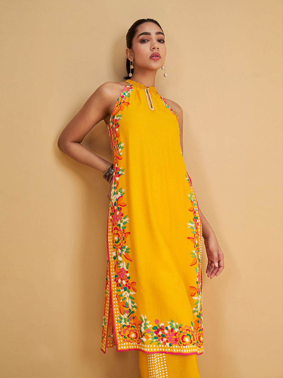 Global Desi Floral Printed Halter Neck Straight Kurta & Palazzo