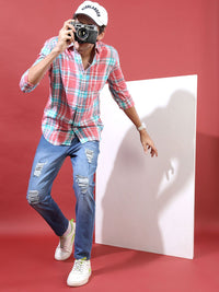 HIGHLANDER Men Pink & White Slim Fit Checked Casual Shirt