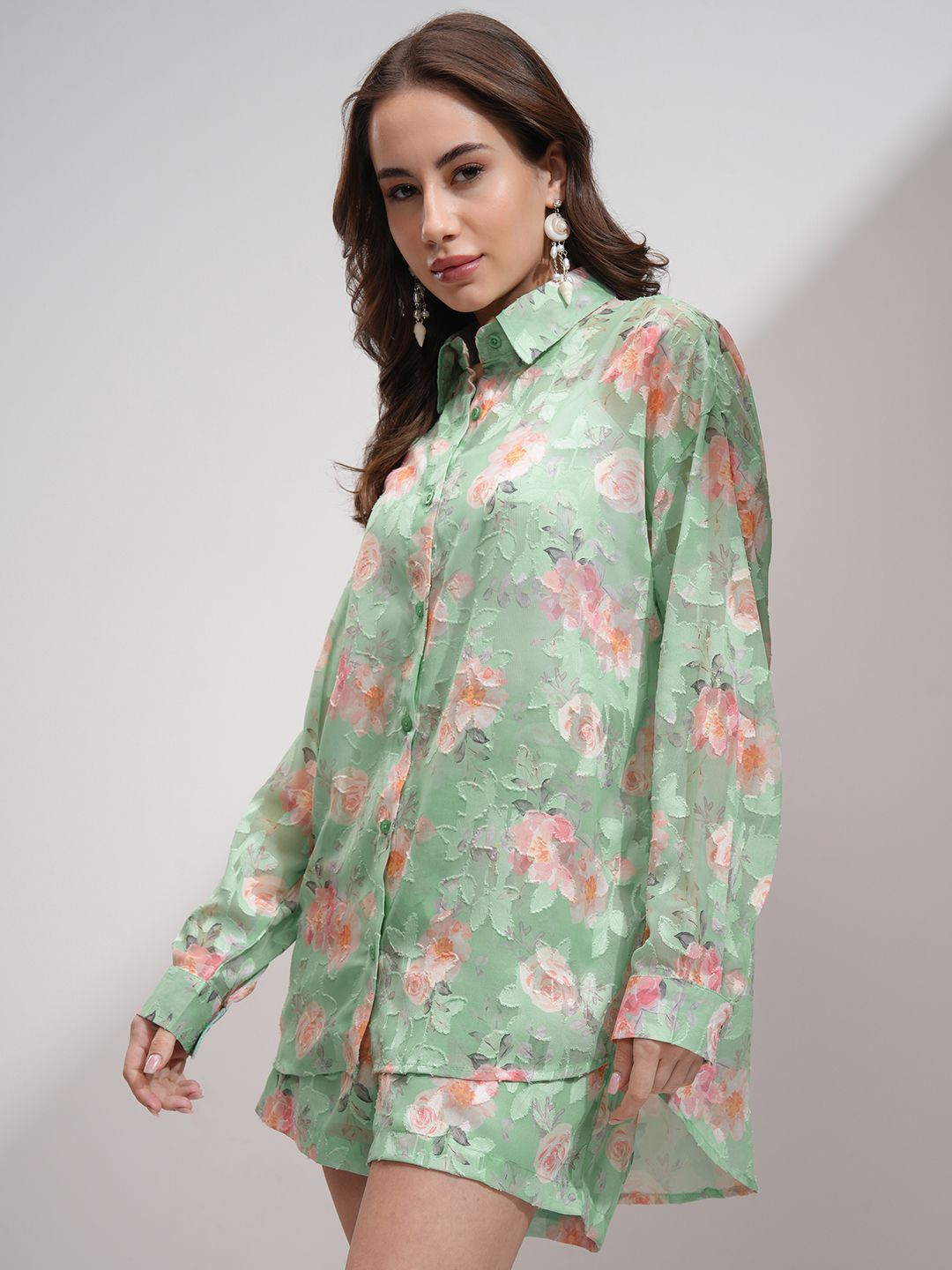 Tokyo Talkies Women Textured re Jacquard Shirt Shorts Co-Ord Set