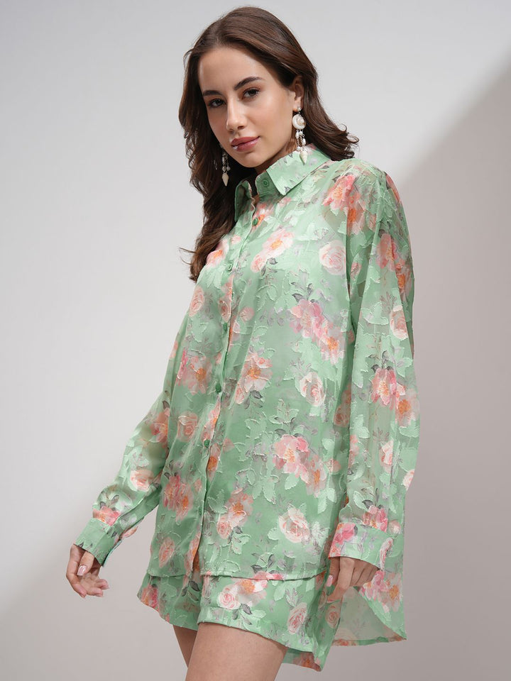 Tokyo Talkies Women Textured re Jacquard Shirt Shorts Co-Ord Set