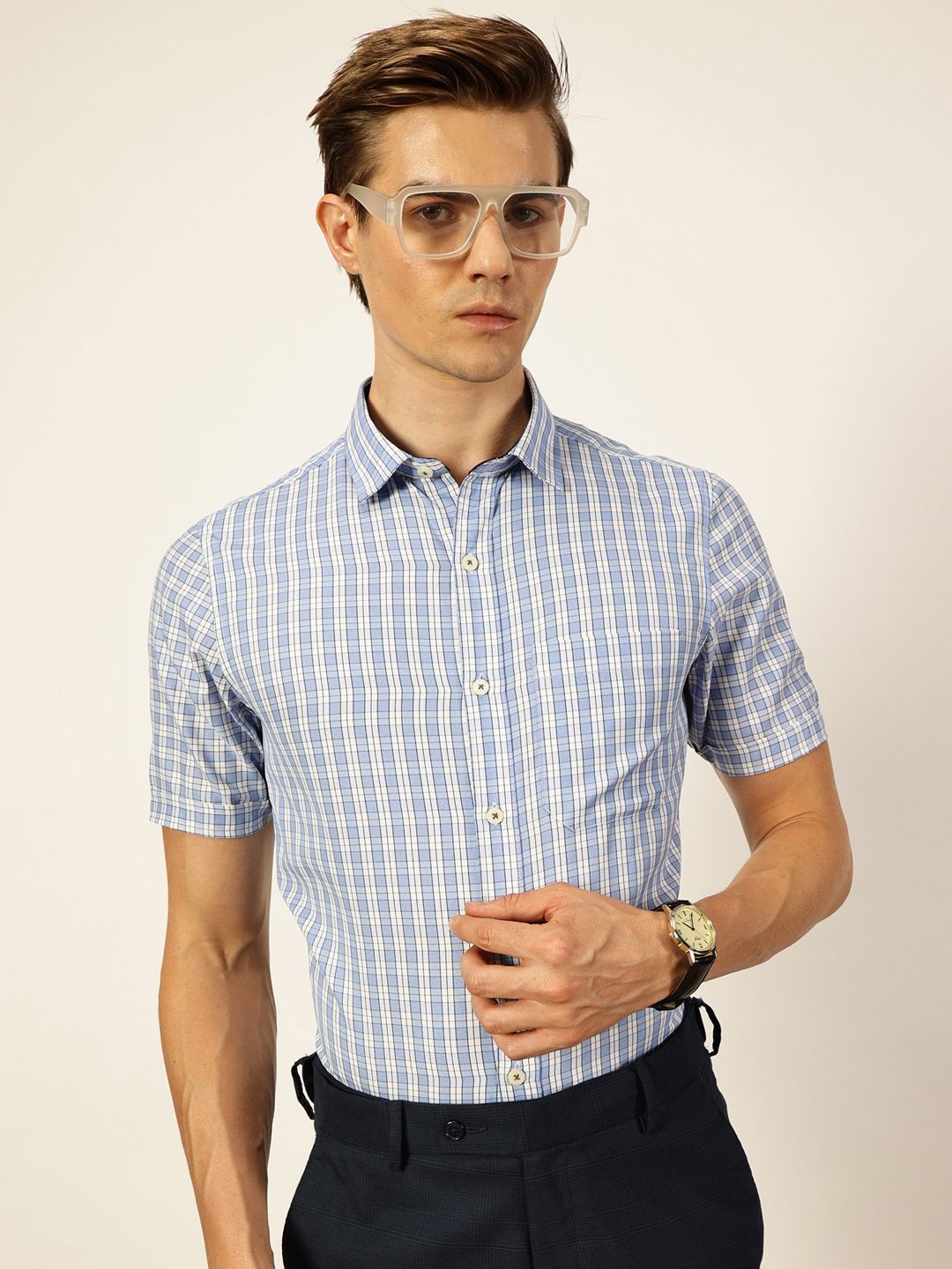 Thomas Scott Men Smart Spread Collar Tartan Checked Cotton Formal Shirt