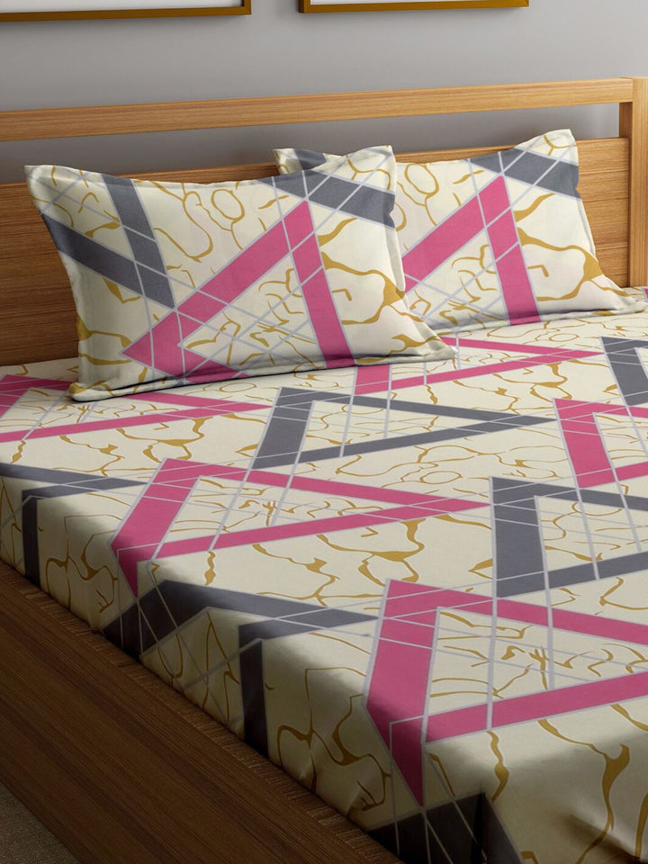 KLOTTHE Beige Geometric Cotton 300 TC King Fine Bedsheet with 2 Pillow Covers-220 x 250 cm