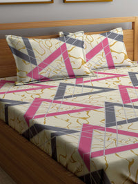 KLOTTHE Beige Geometric Cotton 300 TC King Fine Bedsheet with 2 Pillow Covers-220 x 250 cm