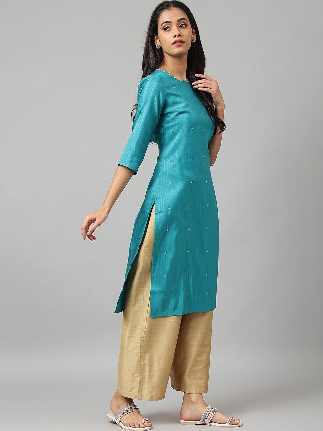 W Women Teal Thread Work Indie Prints Kurta