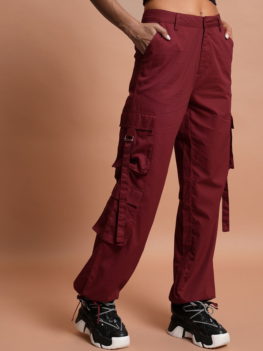 Tokyo Talkies Women Maroon Flared High Rise Cotton Cargos Trousers