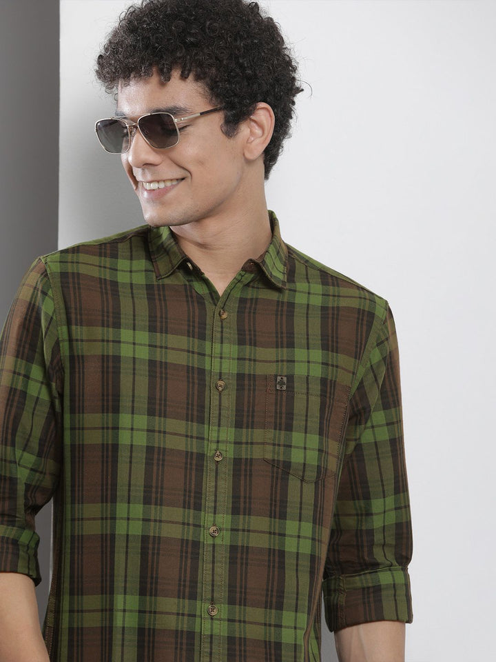 The Indian Garage Co Men Brown & Green Checked Pure Cotton Casual Shirt