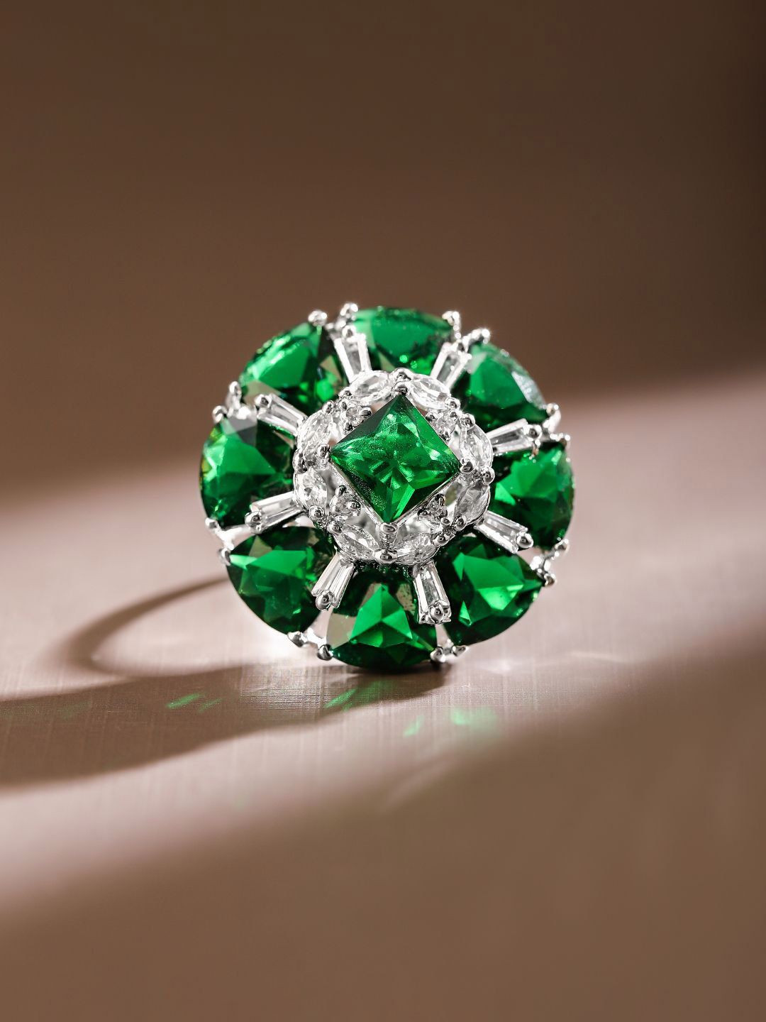 Rubans Rhodium Plated Emerald Green & White CubicZirconia Studded Adjustable Cocktail Ring