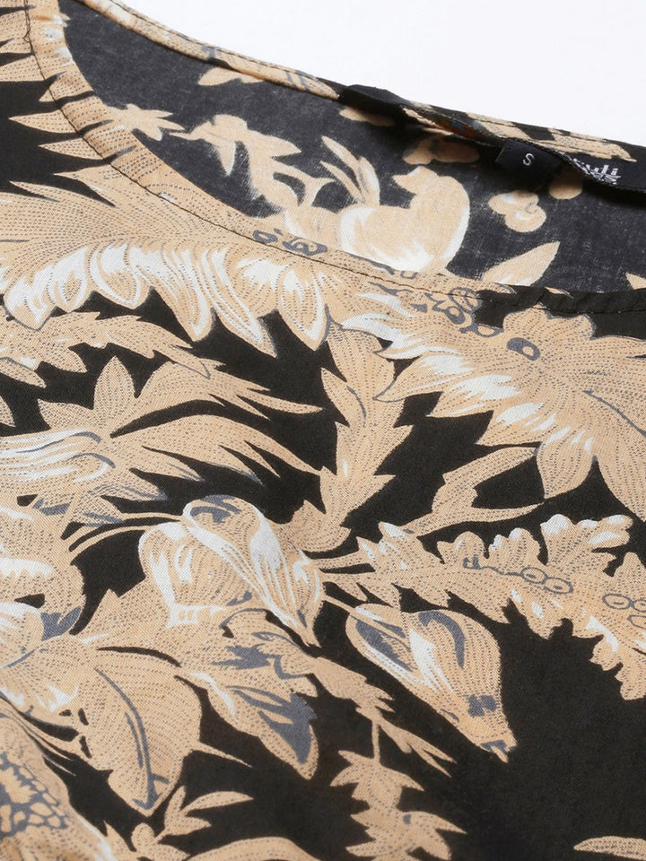 SANSKRUTIHOMES Women Black & Beige Printed Cotton Night suit