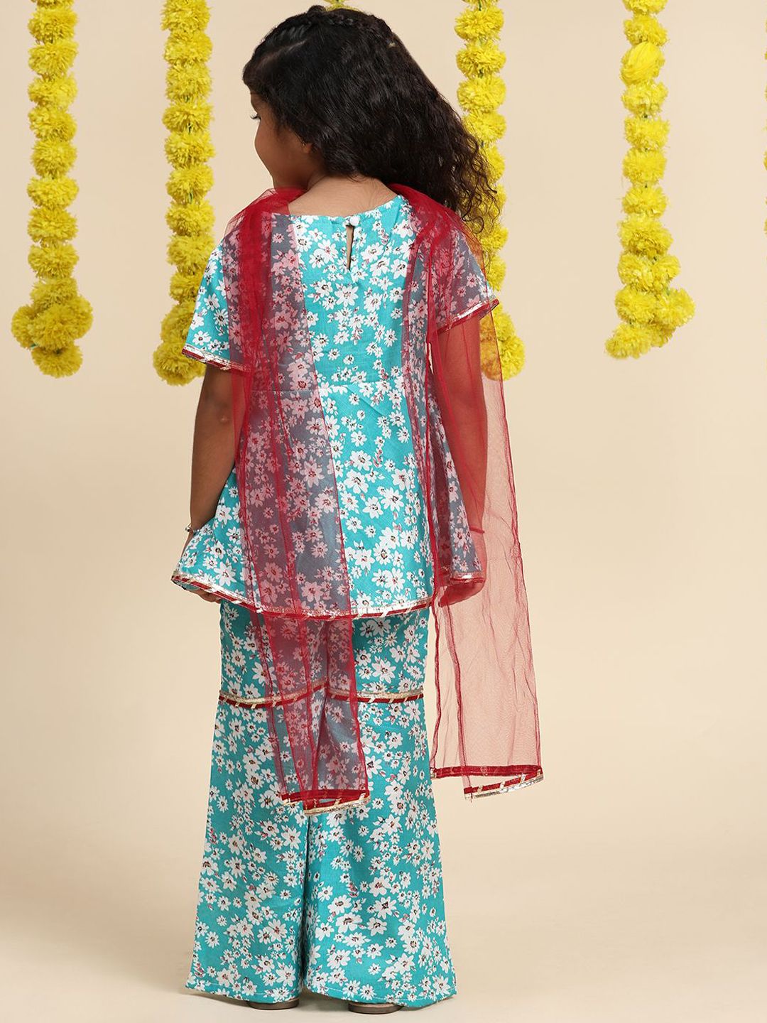 Cutiekins Girls Floral Printed Gotta Patti Kurti With Sharara & Dupatta