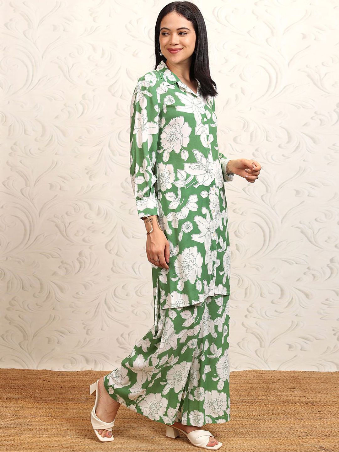 Vishudh Floral Printed Shirt Collar Tunic With Palazzos