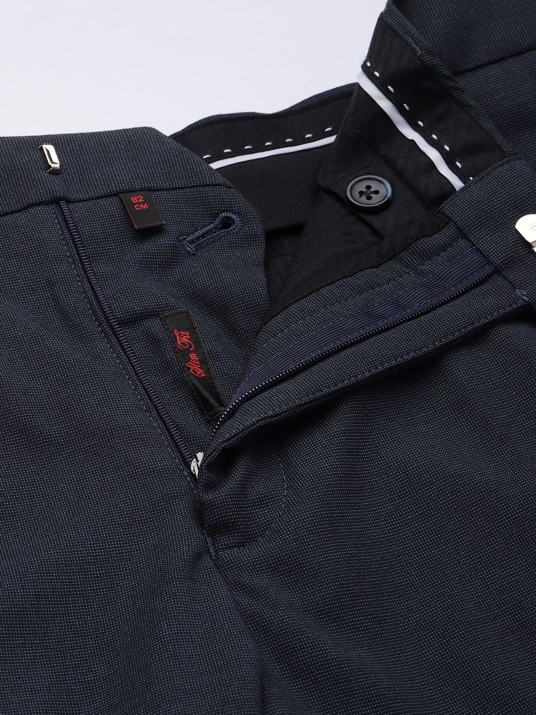 Raymond Men Navy Blue Textured Mid-Rise Slim Fit Trousers