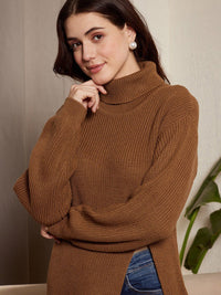 Berrylush Ribbed Longline Turtle Neck Acrylic Pullover Sweater